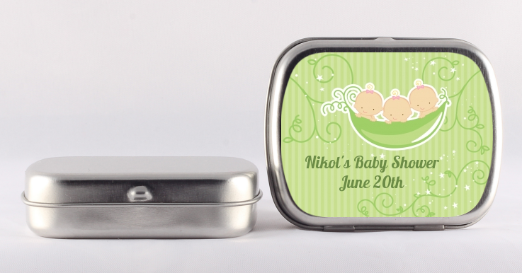  Triplets Three Peas in a Pod Caucasian - Personalized Baby Shower Mint Tins 2 Boys 1 Girl